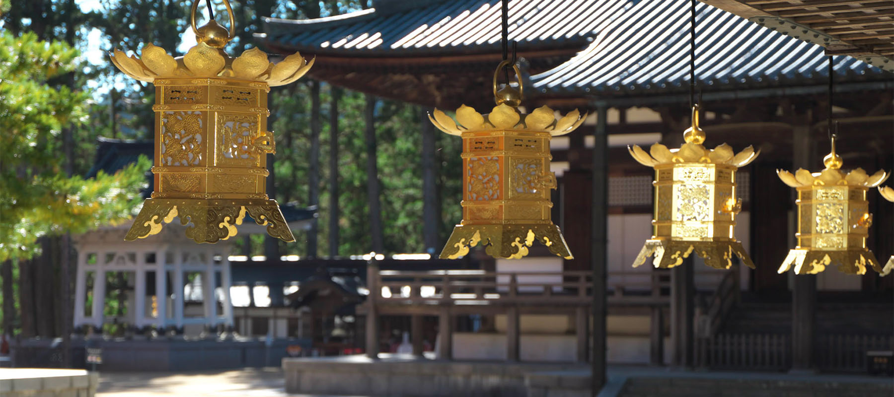 large image of four lanterns at the miedo, a temple at Japan's Mt. Koya