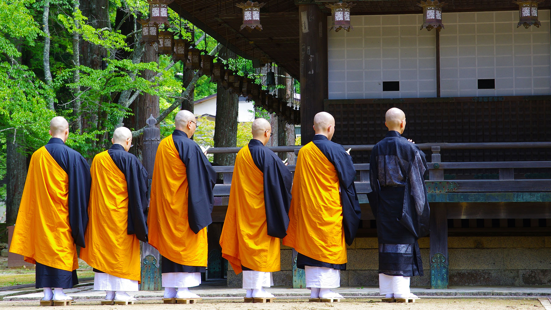 praying monks at Temple at Mt. Koya