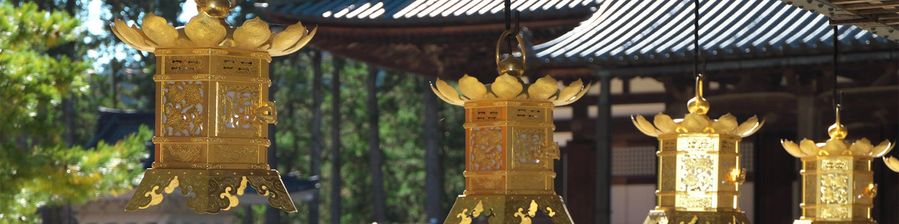 large image of four lanterns at the miedo, a temple at Japan's Mt. Koya