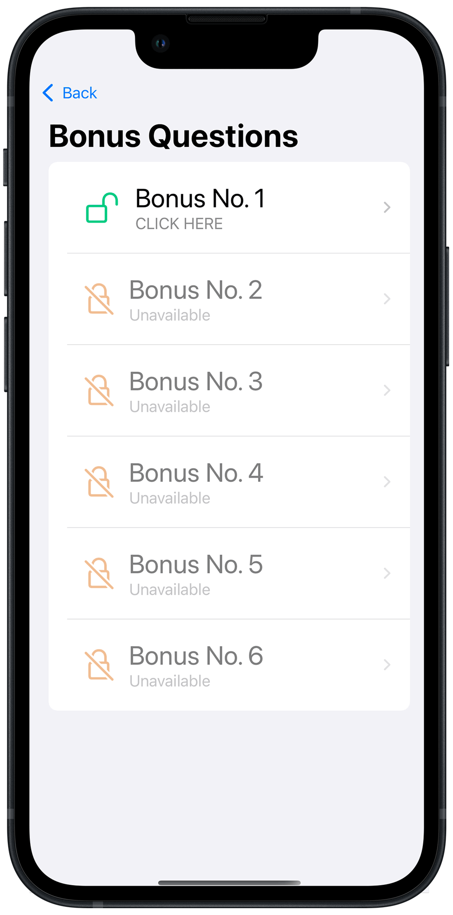 view of bonus questions list from the KoyaQuest app