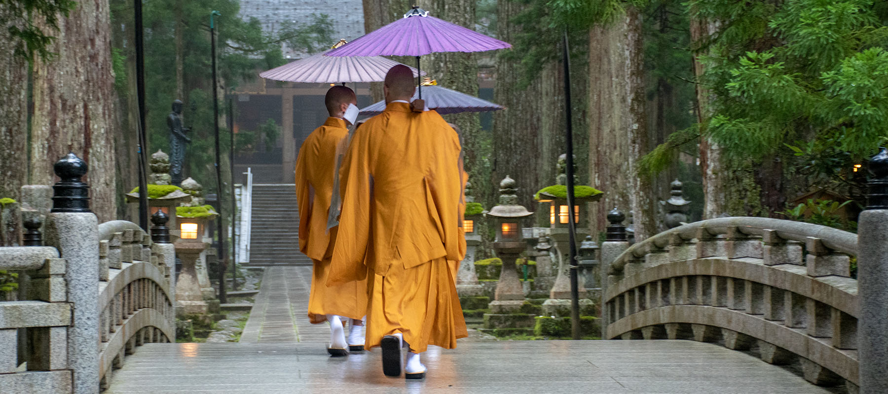 priest carry meal to mausoleum of Kobo-daishi at Mt. Koya's Oku-no-in